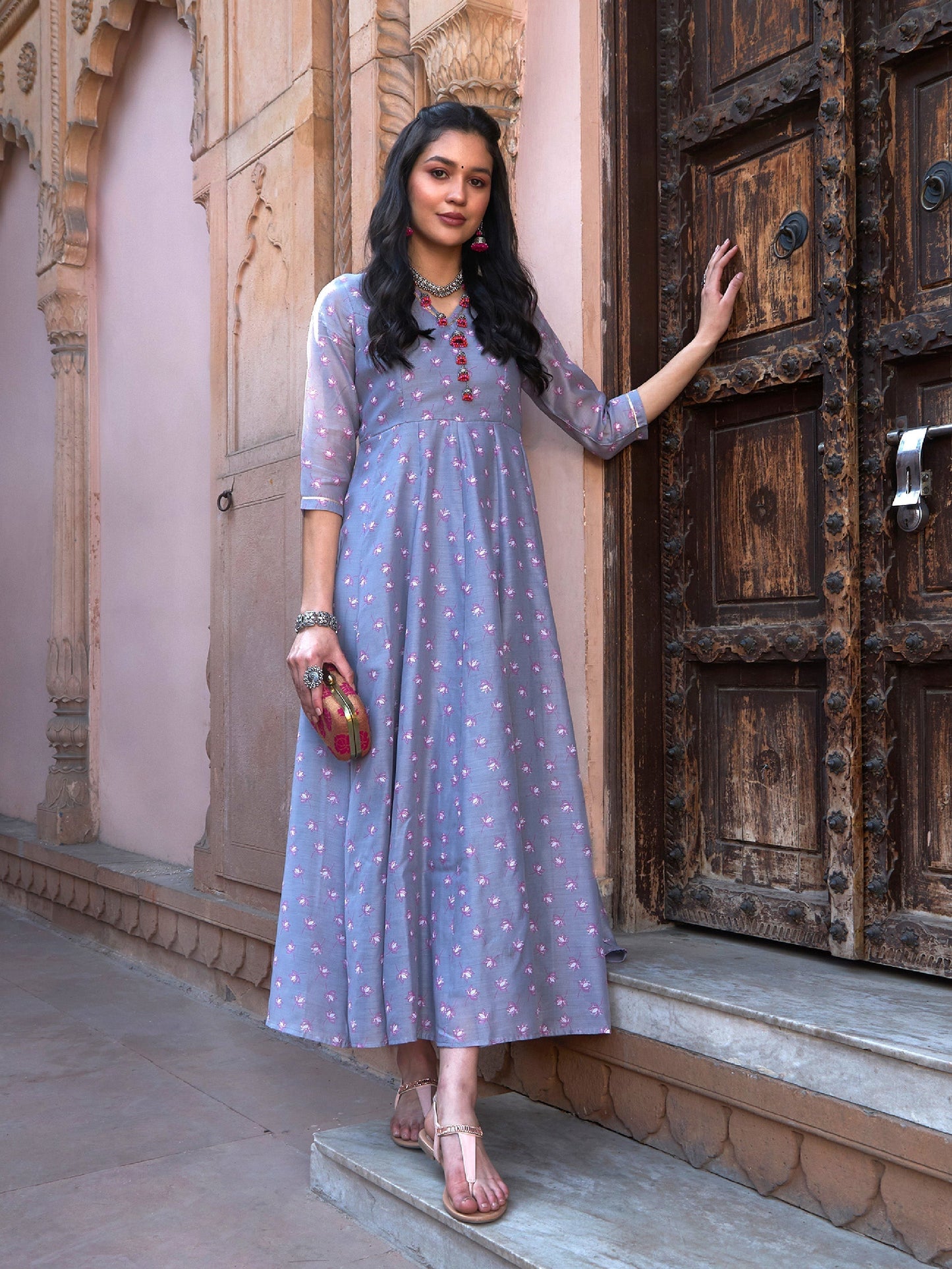 Women's Grey Lotus Floral Long Anarkali Kurta