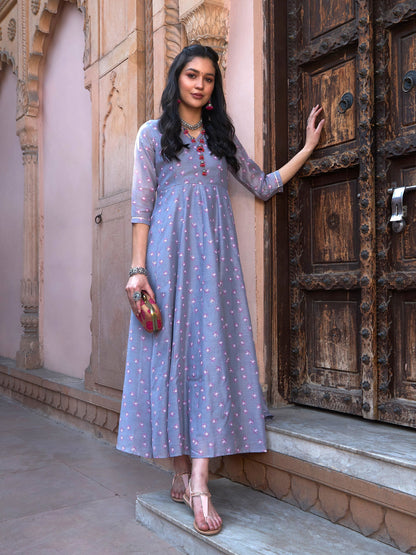 Women's Grey Lotus Floral Long Anarkali Kurta