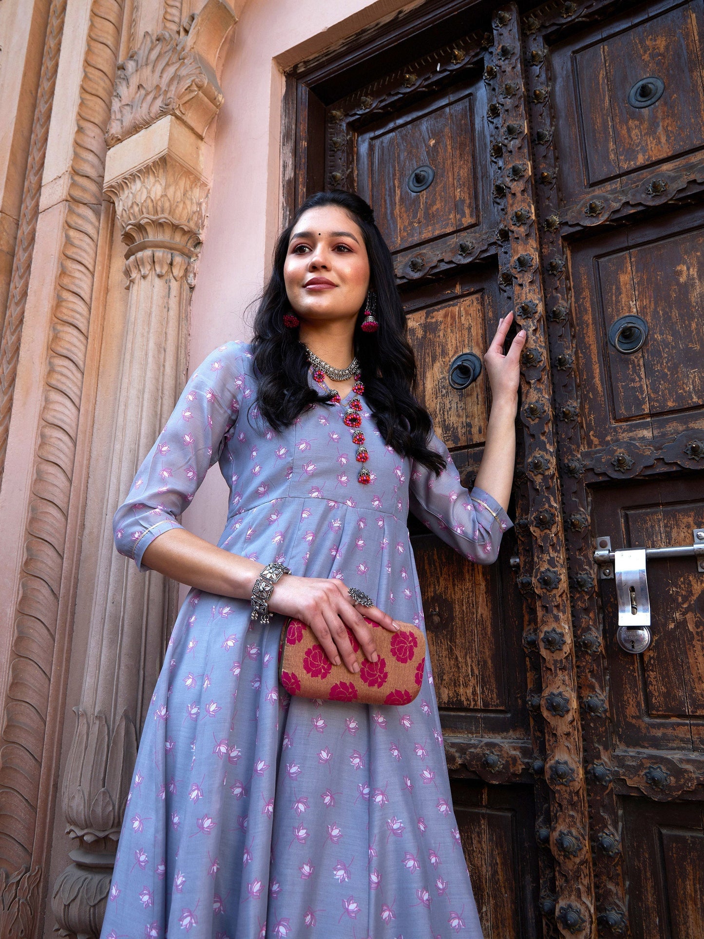 Women's Grey Lotus Floral Long Anarkali Kurta