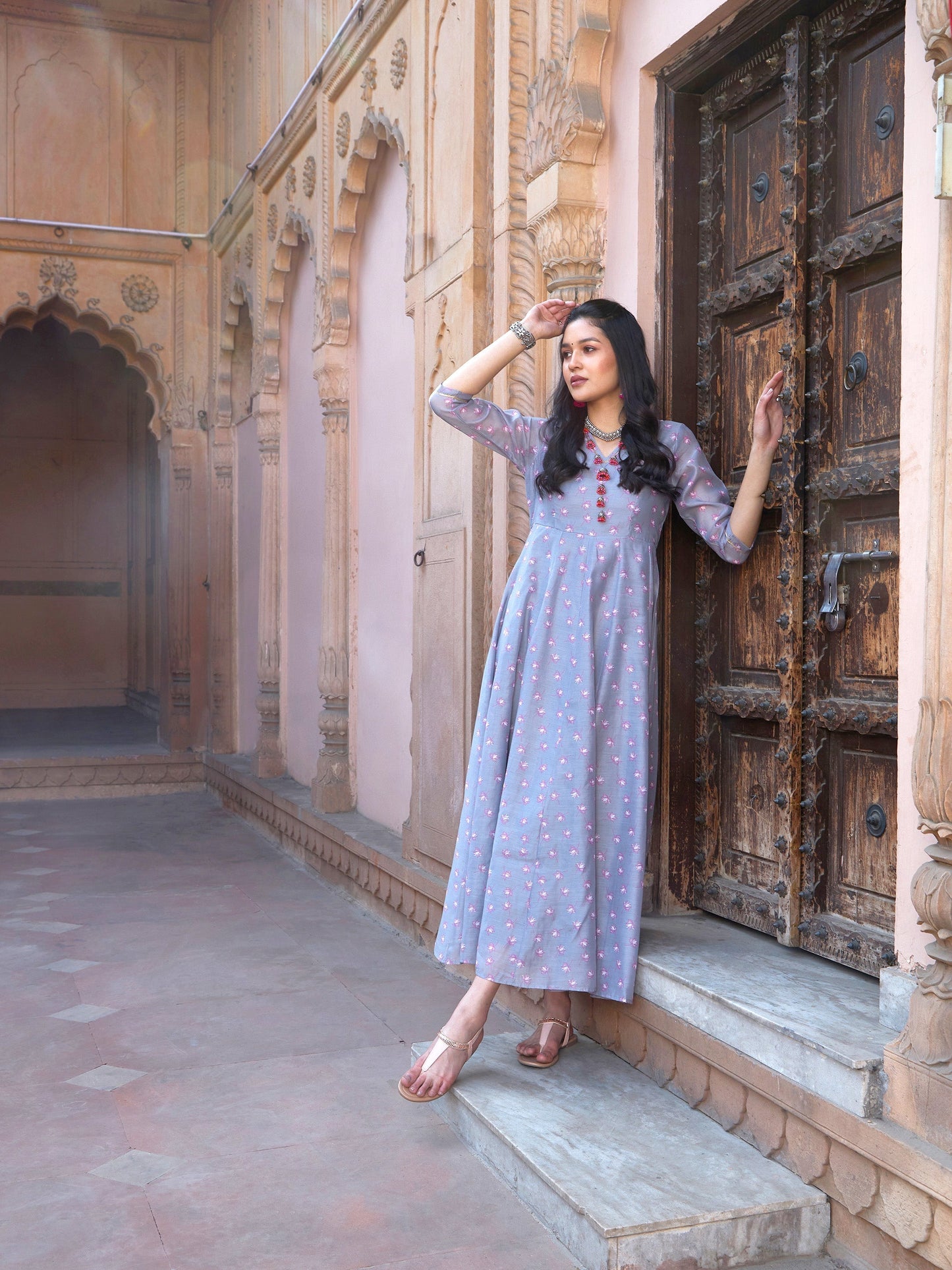 Women's Grey Lotus Floral Long Anarkali Kurta