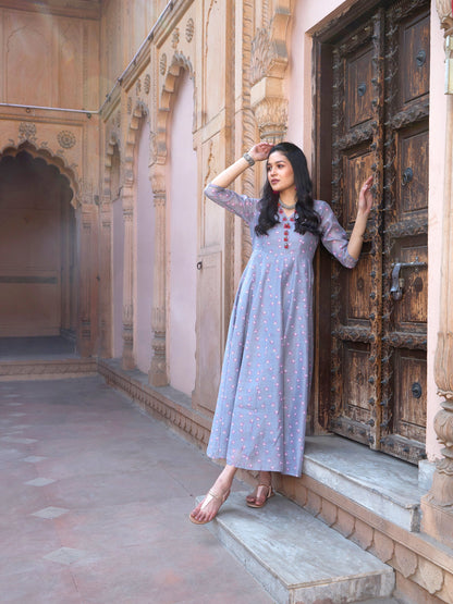 Women's Grey Lotus Floral Long Anarkali Kurta
