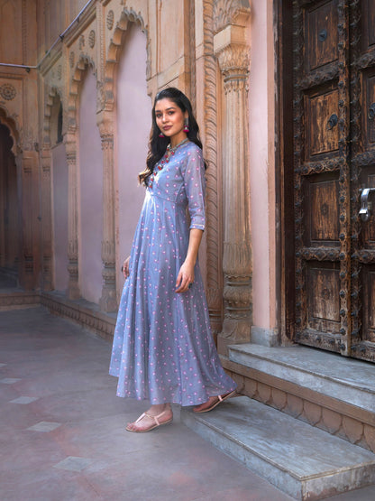 Women's Grey Lotus Floral Long Anarkali Kurta