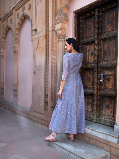 Women's Grey Lotus Floral Long Anarkali Kurta