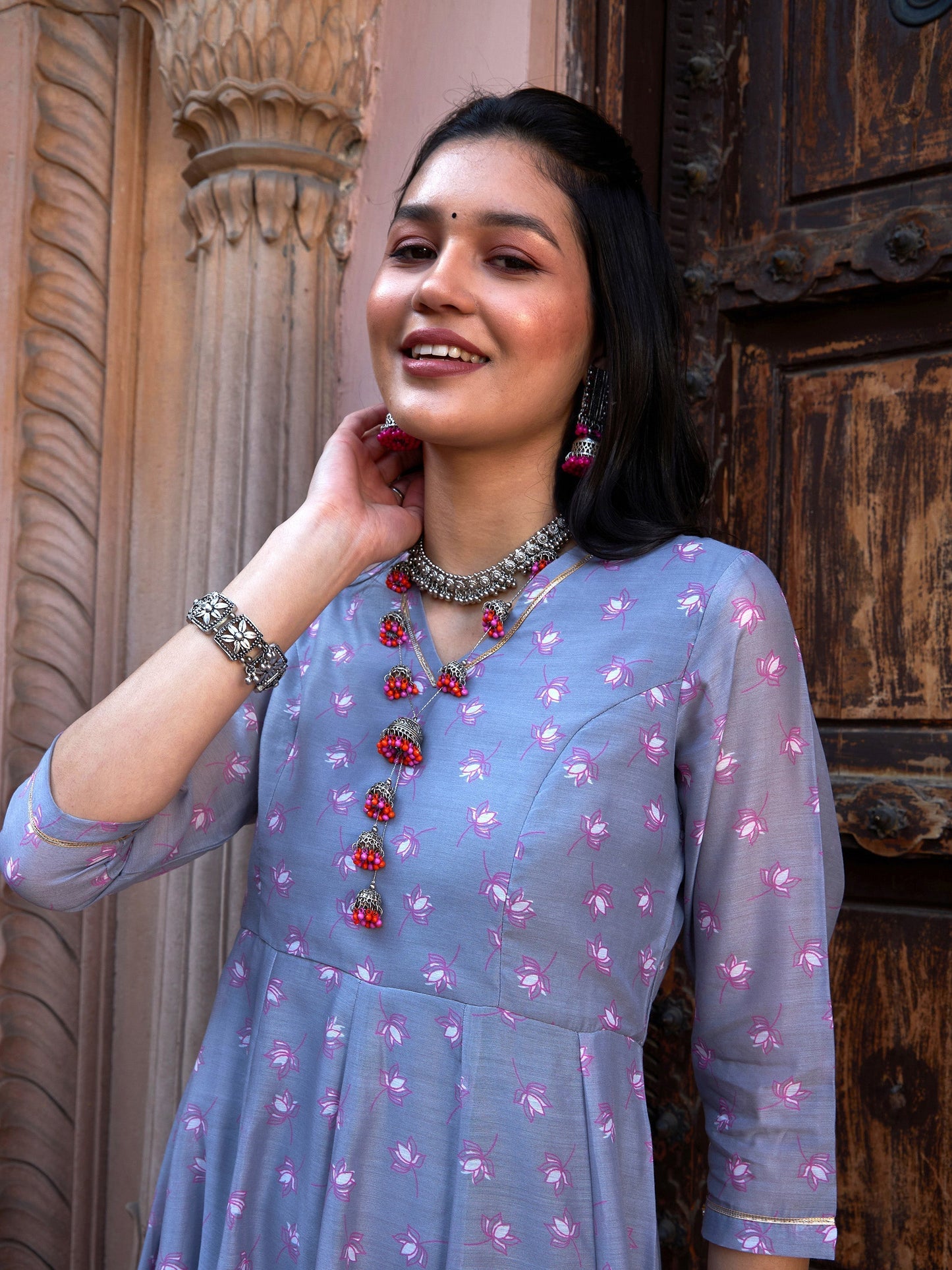Women's Grey Lotus Floral Long Anarkali Kurta