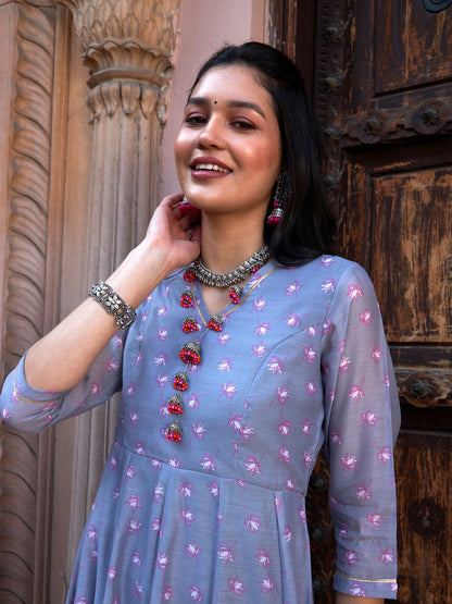 Women's Grey Lotus Floral Long Anarkali Kurta