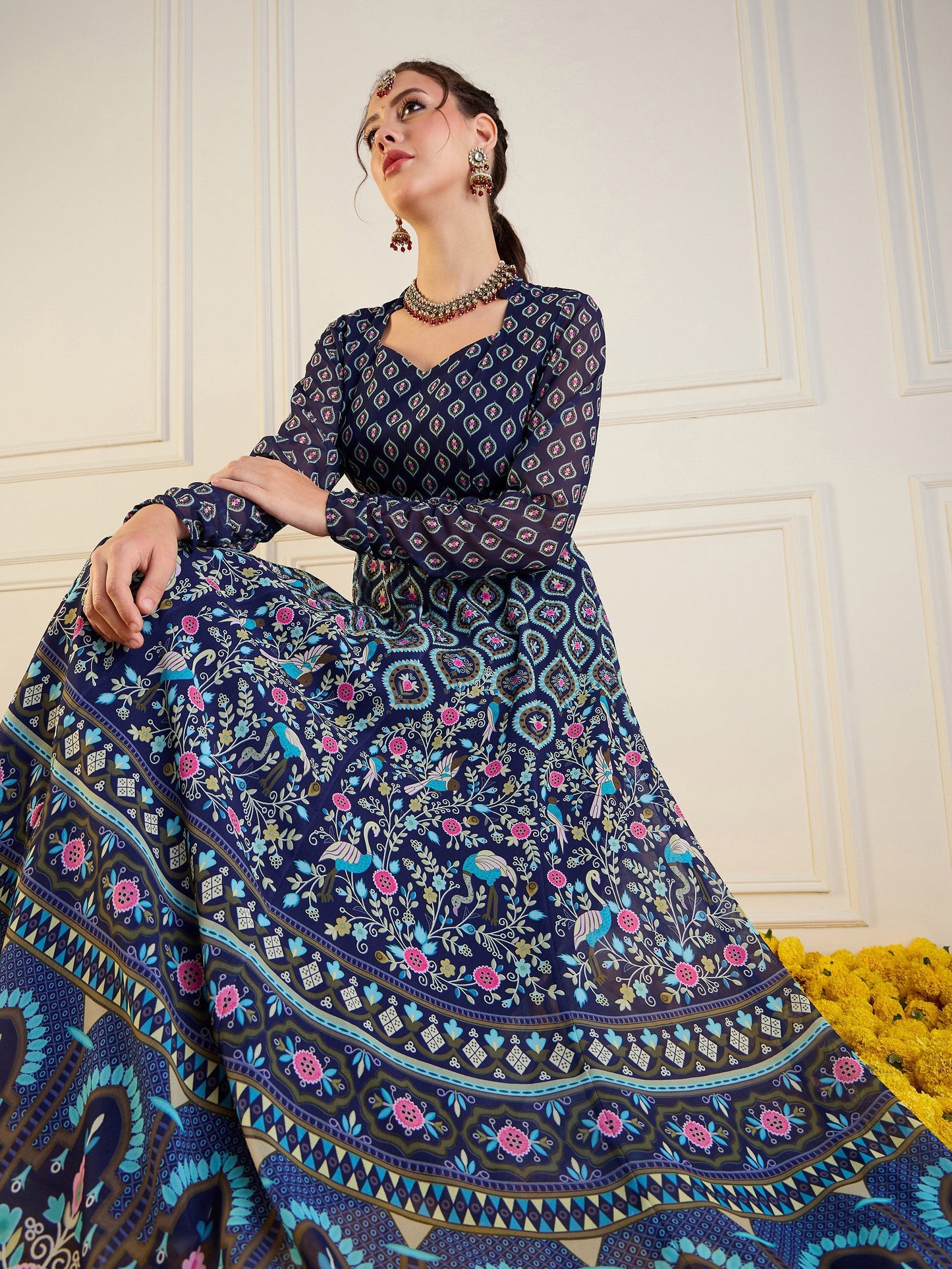 Women's Dark Blue Floral Kurta
