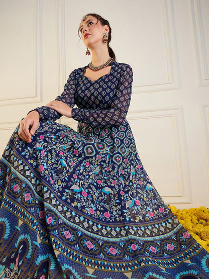 Women's Dark Blue Floral Kurta