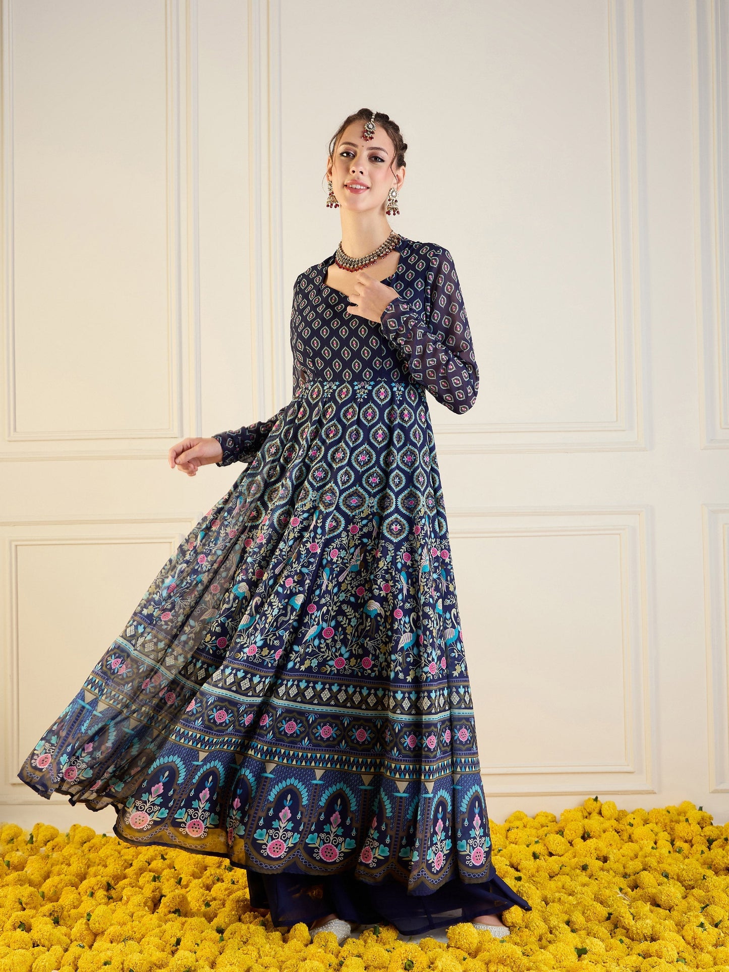 Women's Dark Blue Floral Kurta