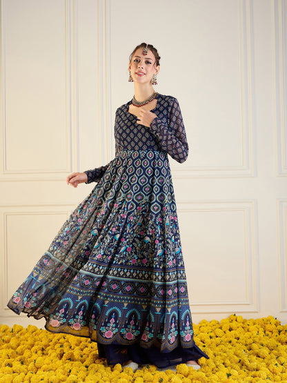 Women's Dark Blue Floral Kurta