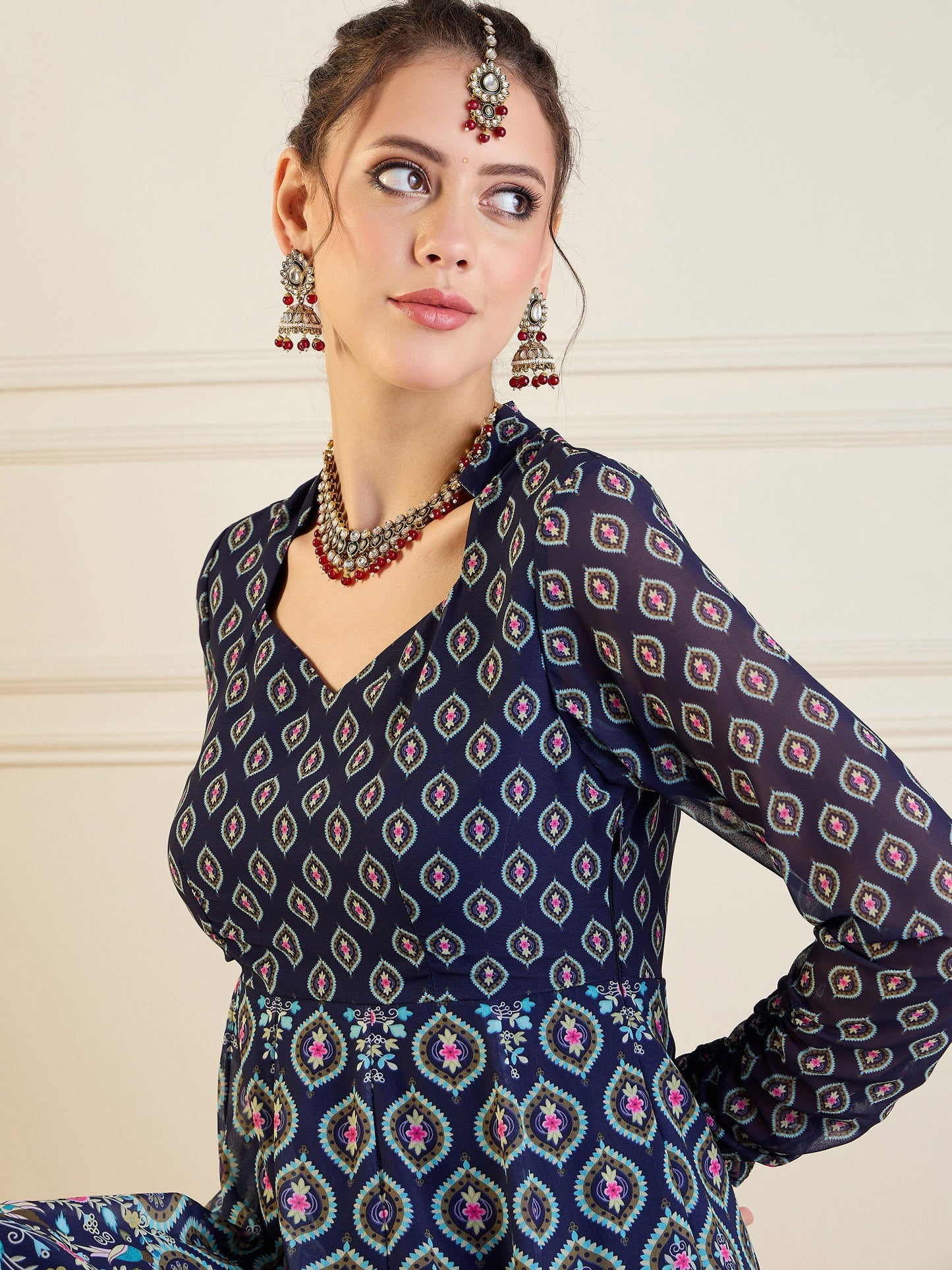 Women's Dark Blue Floral Kurta