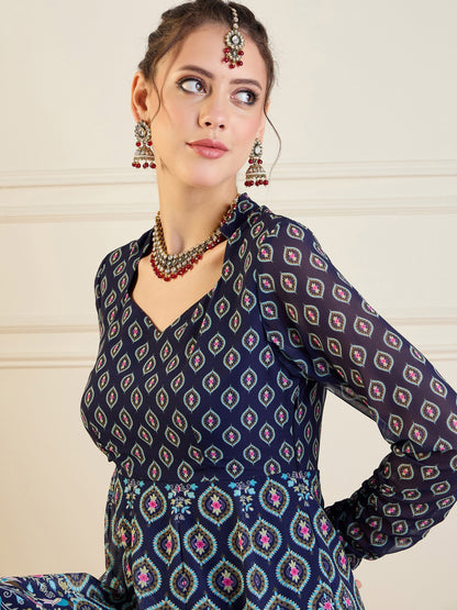 Women's Dark Blue Floral Kurta