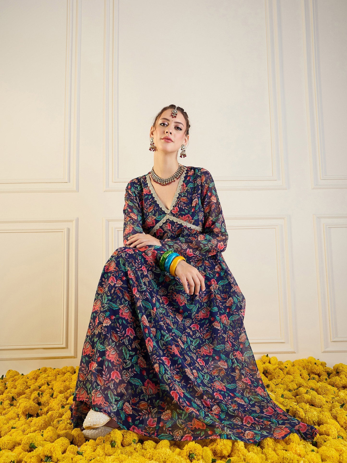 Women's Dark Blue Floral Kurta