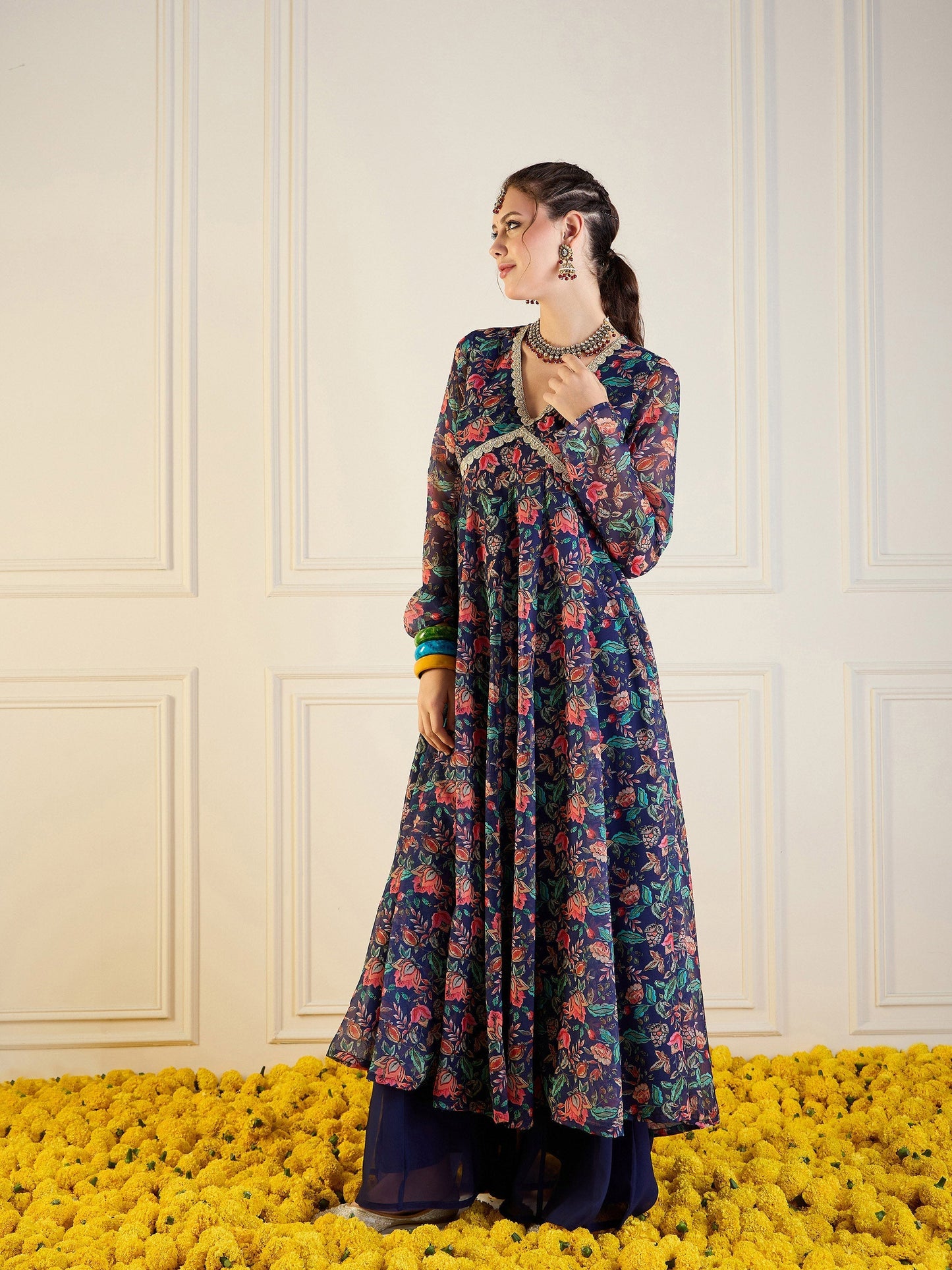 Women's Dark Blue Floral Kurta