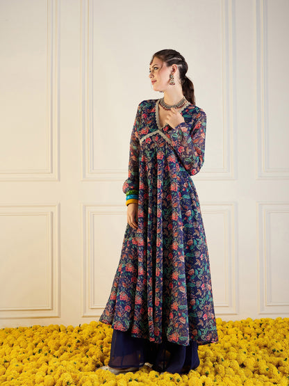 Women's Dark Blue Floral Kurta
