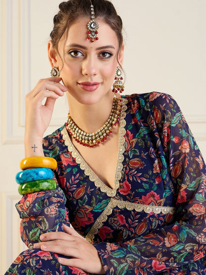 Women's Dark Blue Floral Kurta