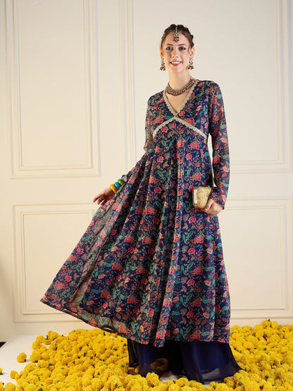 Women's Dark Blue Floral Kurta