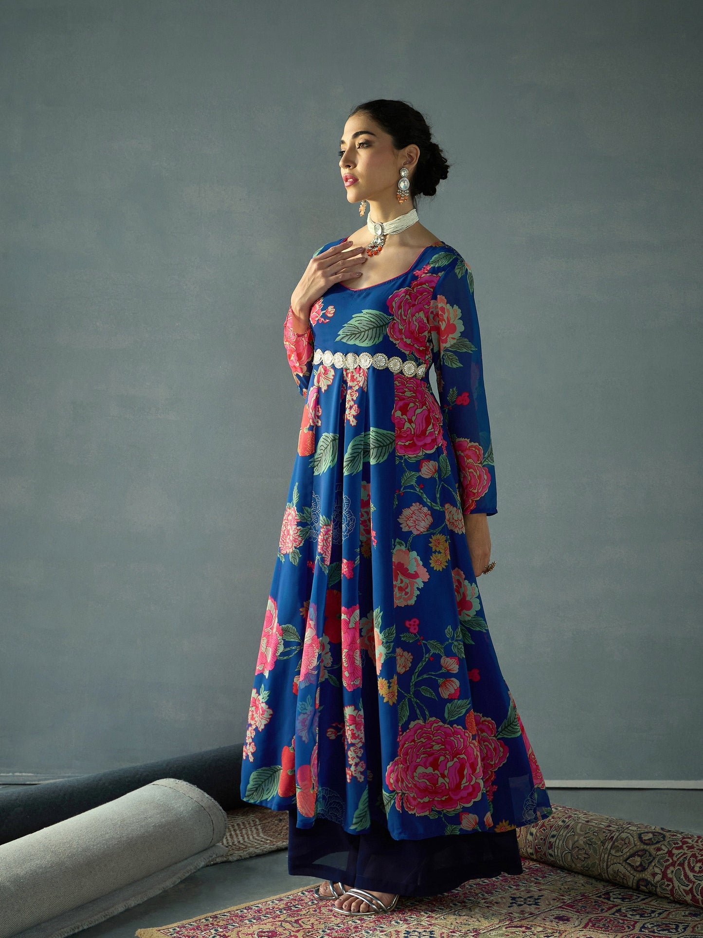 Women's Navy Blue Floral Kurta