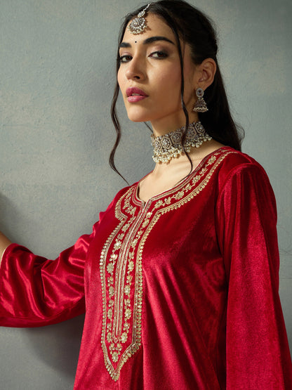 Women's Red Embroidered Kurta Set