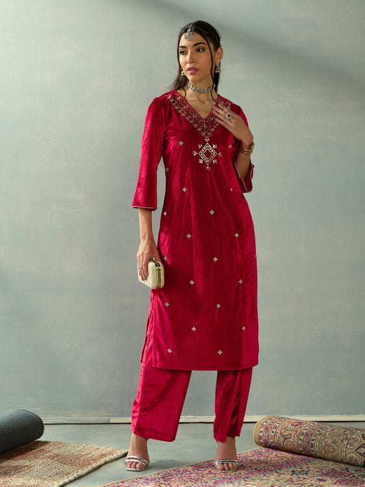 Women's Red Embroidered Kurta Set