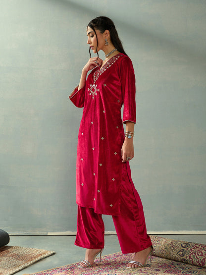 Women's Red Embroidered Kurta Set