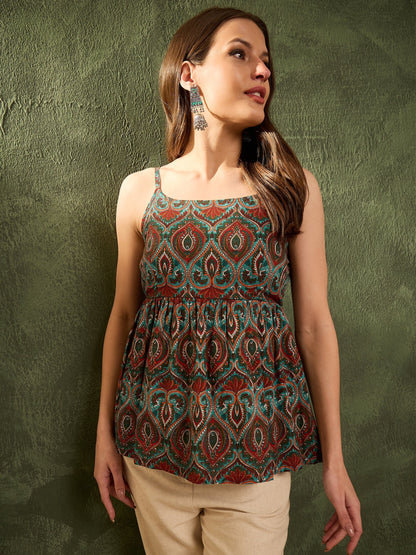 Women's Green Floral Strappy Peplum Kurti