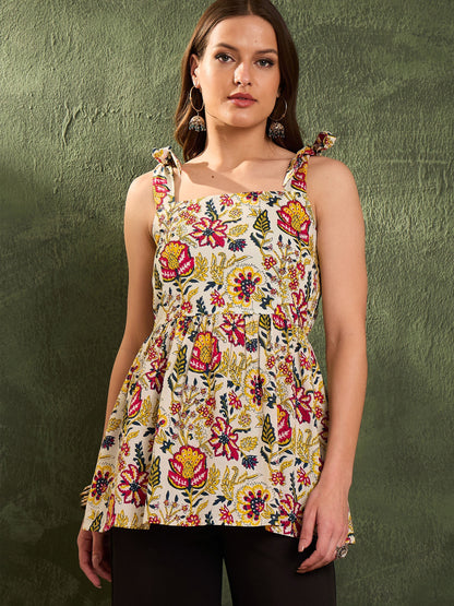 Women's Yellow Floral Tie Up Peplum Kurti