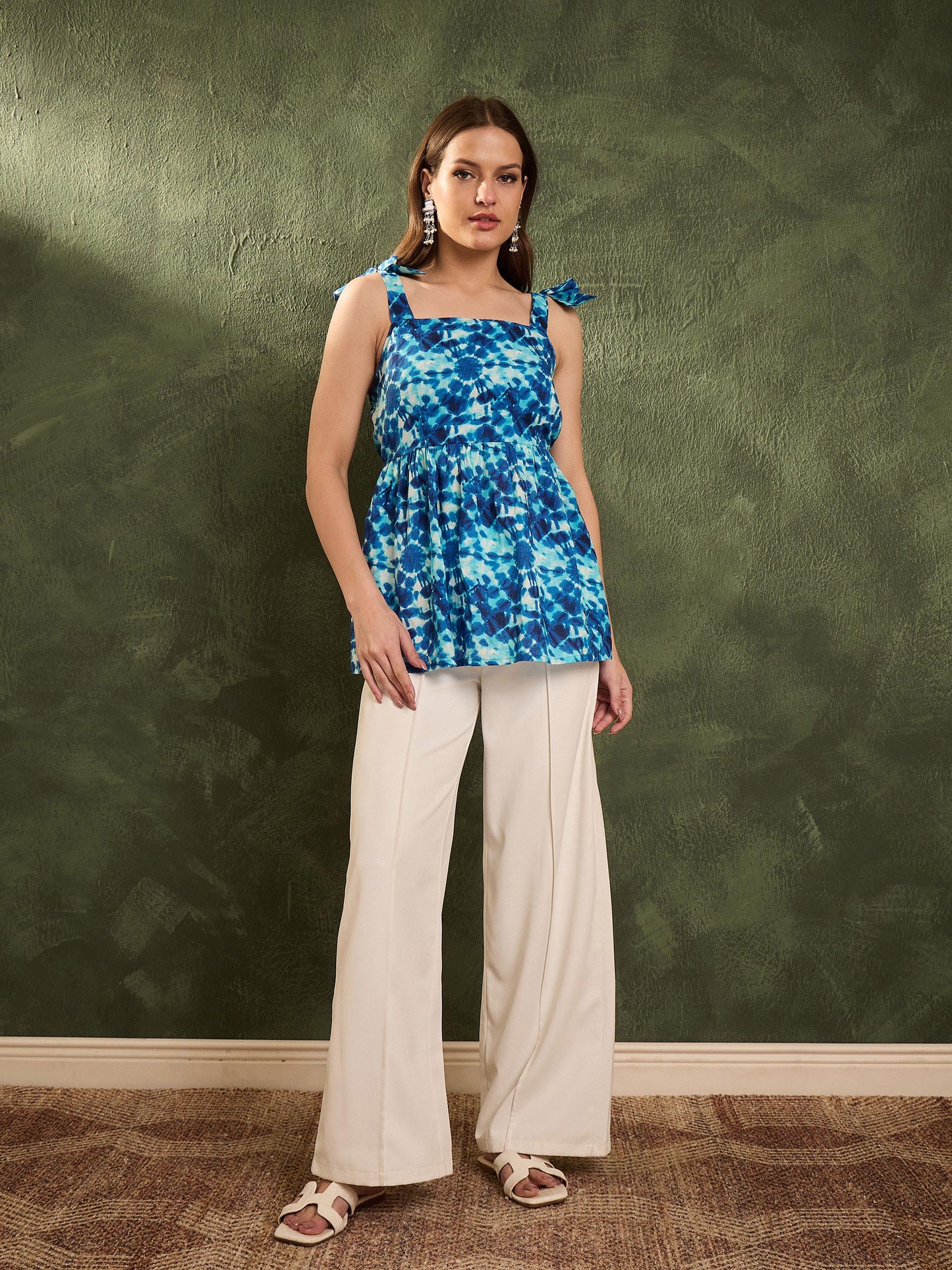 Women's Blue Tie & Dye Tie Up Peplum Kurti
