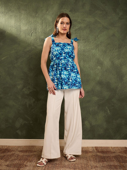 Women's Blue Tie & Dye Tie Up Peplum Kurti