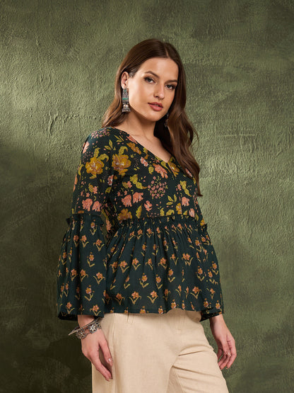 Women's Dark Green Floral V Neck Frill Sleeve Peplum Kurti