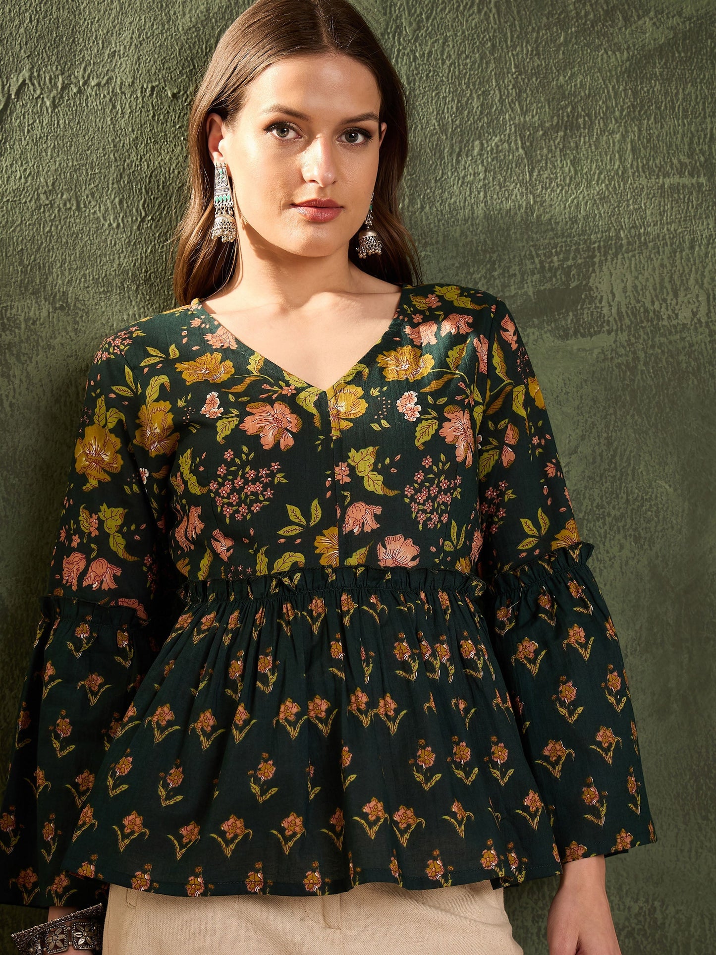 Women's Dark Green Floral V Neck Frill Sleeve Peplum Kurti