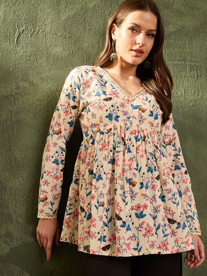 Women's Off White Floral V Neck Full Sleeves Peplum Kurti