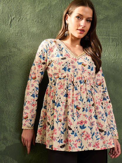 Women's Off White Floral V Neck Full Sleeves Peplum Kurti