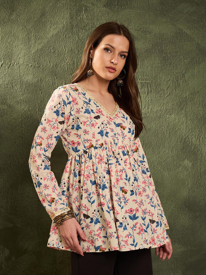 Women's Off White Floral V Neck Full Sleeves Peplum Kurti