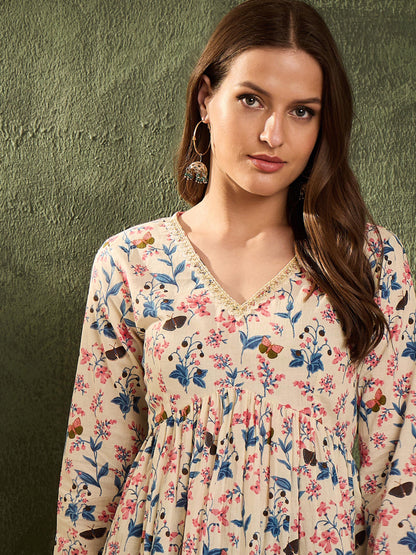Women's Off White Floral V Neck Full Sleeves Peplum Kurti