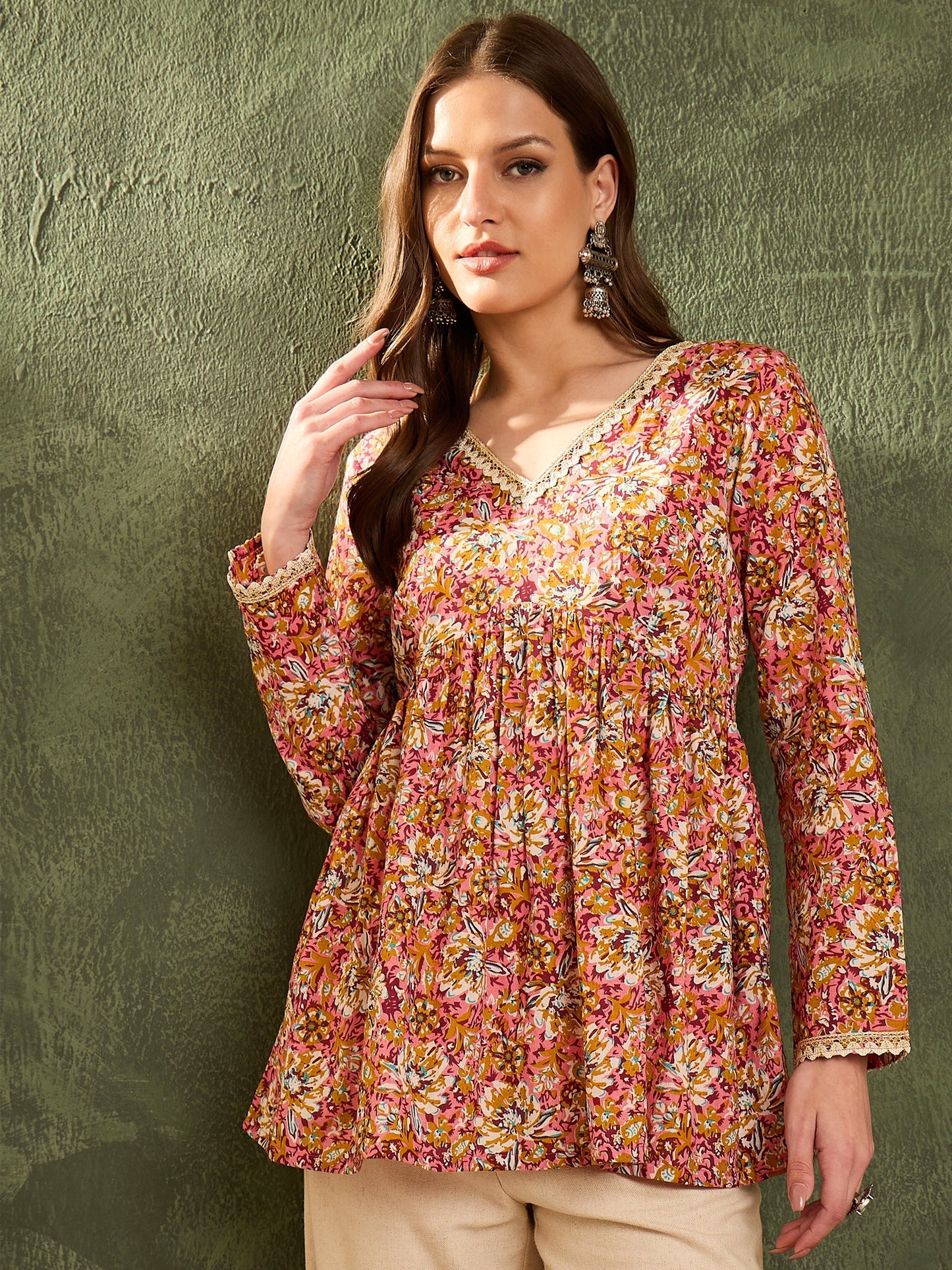 Women's Pink Floral V Neck Full Sleeves Peplum Kurti