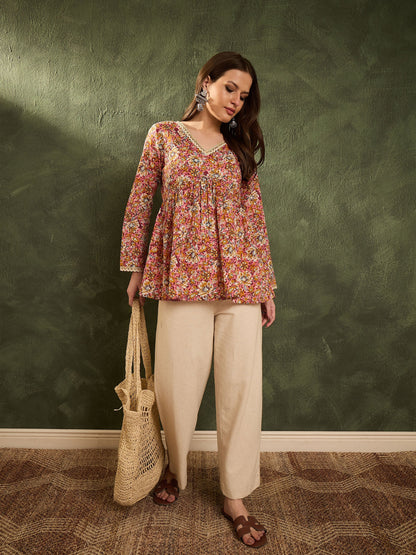 Women's Pink Floral V Neck Full Sleeves Peplum Kurti