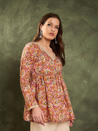 Women's Pink Floral V Neck Full Sleeves Peplum Kurti