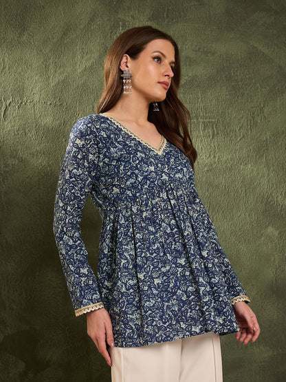 Women's Blue Floral V Neck Full Sleeves Peplum Kurti