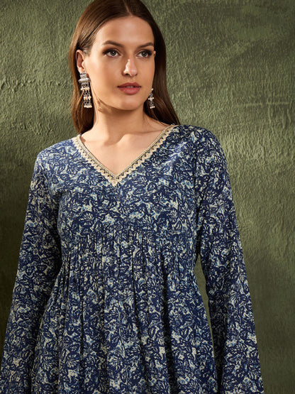 Women's Blue Floral V Neck Full Sleeves Peplum Kurti