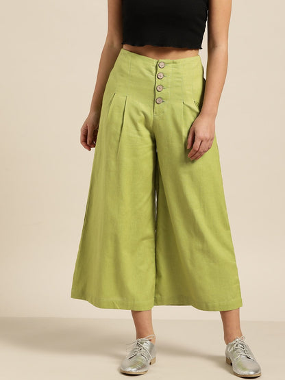 Women's Green Waist Button Culottes