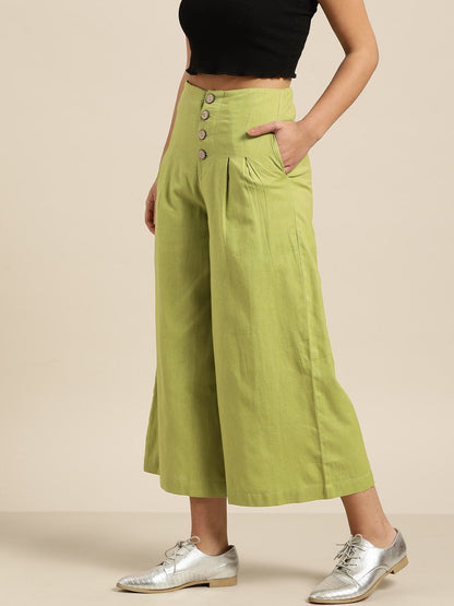 Women's Green Waist Button Culottes