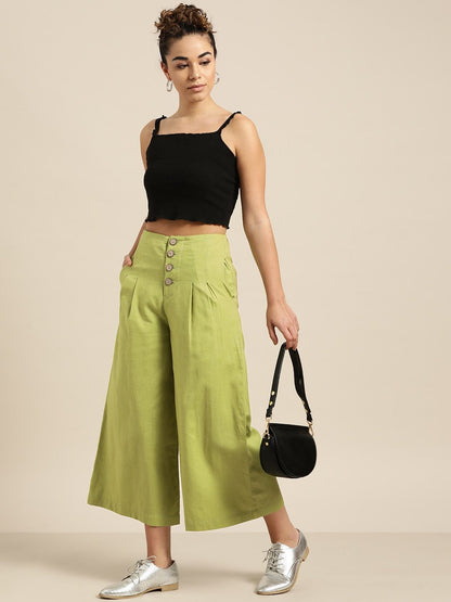Women's Green Waist Button Culottes