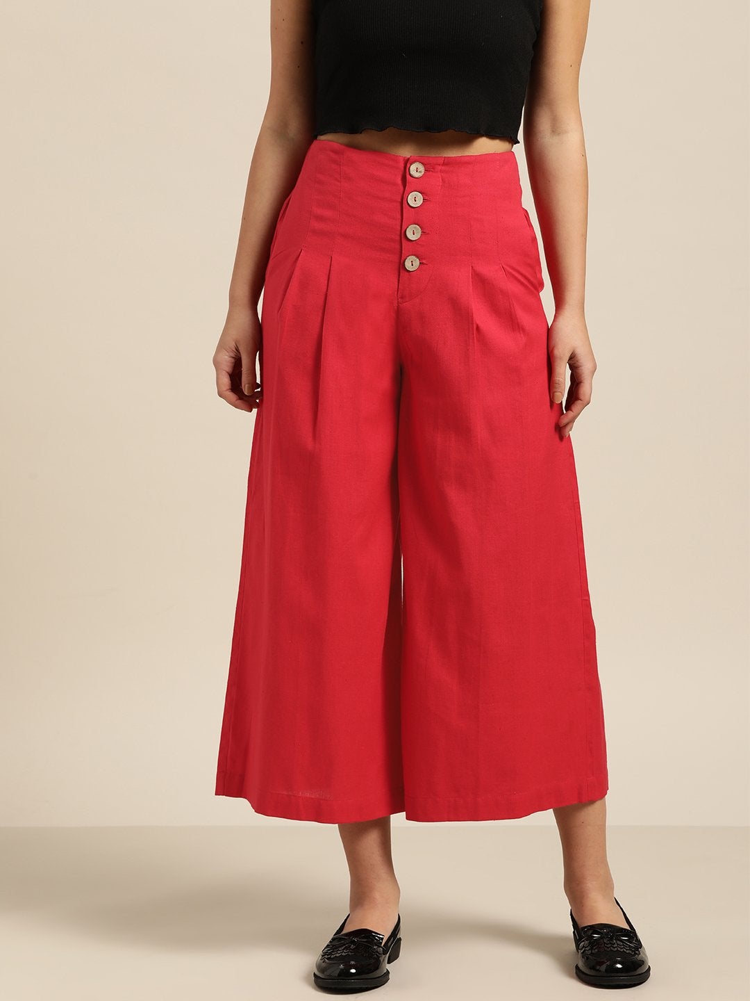 Women's Red Waist Button Culottes