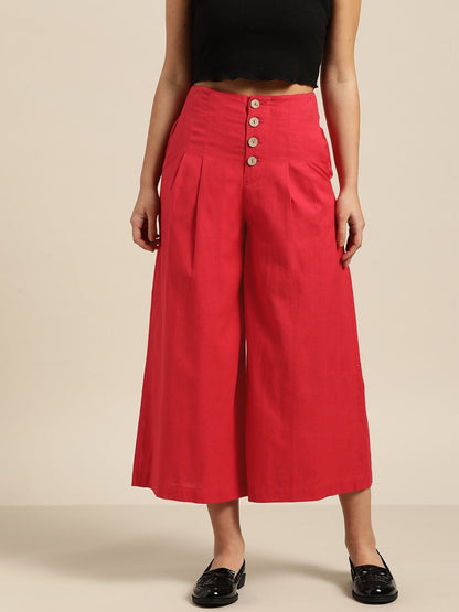 Women's Red Waist Button Culottes