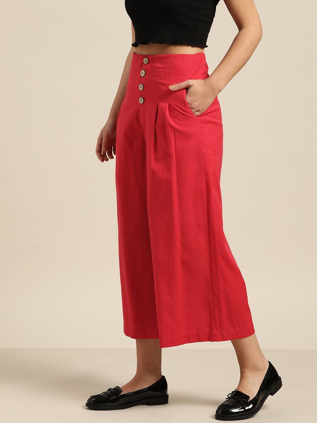 Women's Red Waist Button Culottes