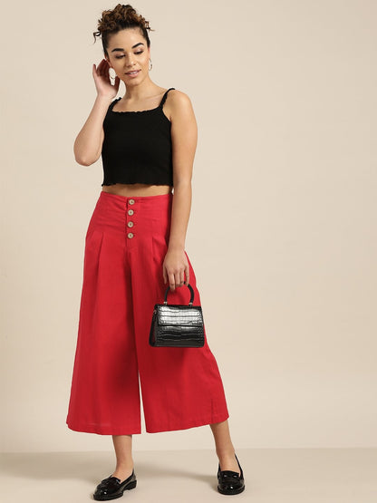 Women's Red Waist Button Culottes