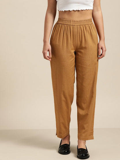 Women's Brown Tapered Pants With Inlay Pockets