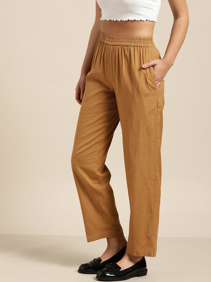 Women's Brown Tapered Pants With Inlay Pockets