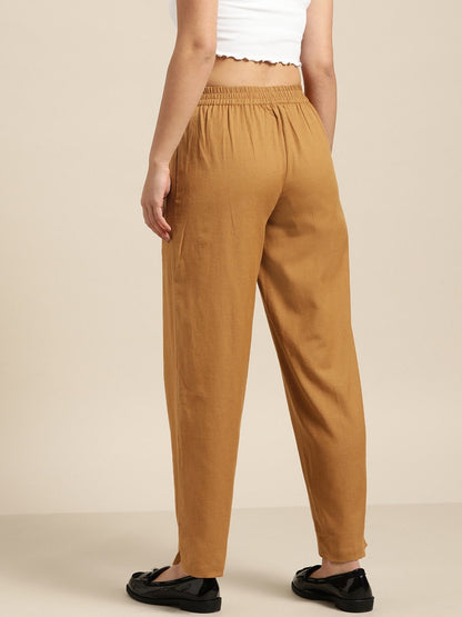 Women's Brown Tapered Pants With Inlay Pockets