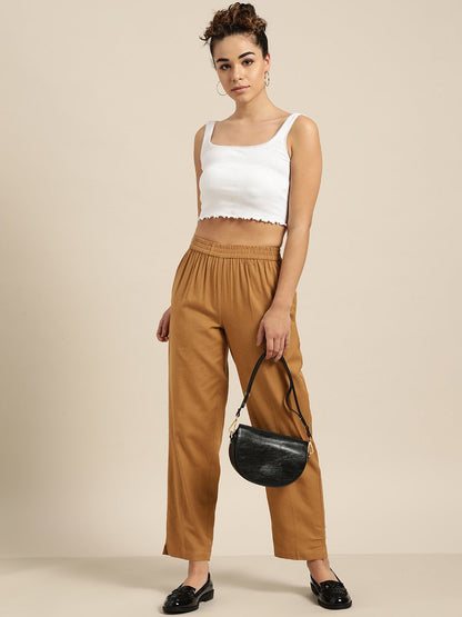 Women's Brown Tapered Pants With Inlay Pockets